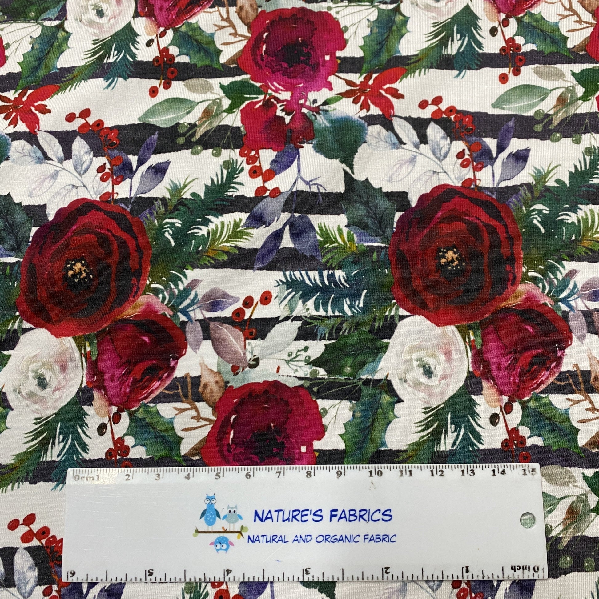Winter Roses on Striped Bamboo/Spandex Jersey - Nature's Fabrics
