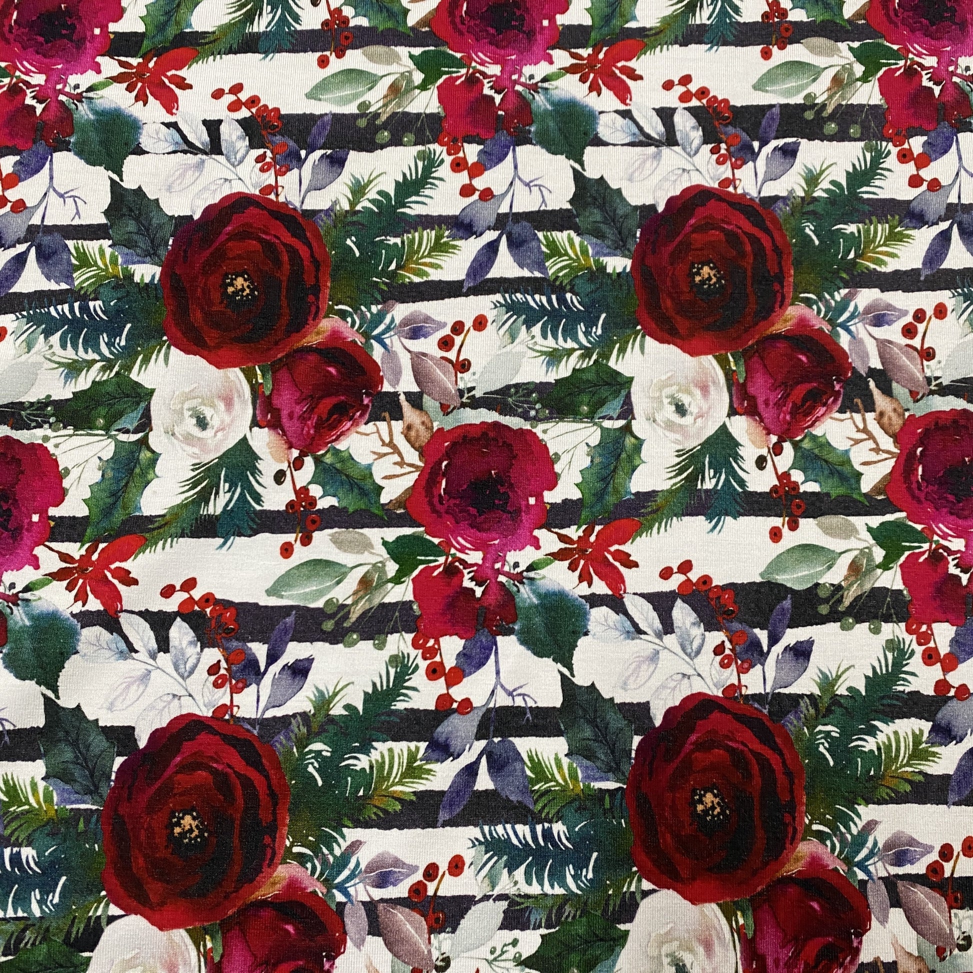 Winter Roses on Striped Bamboo/Spandex Jersey - Nature's Fabrics