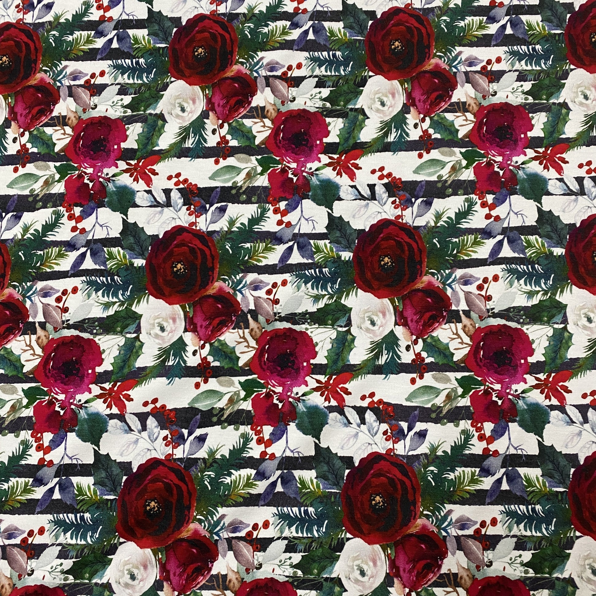 Winter Roses on Striped Bamboo/Spandex Jersey - Nature's Fabrics