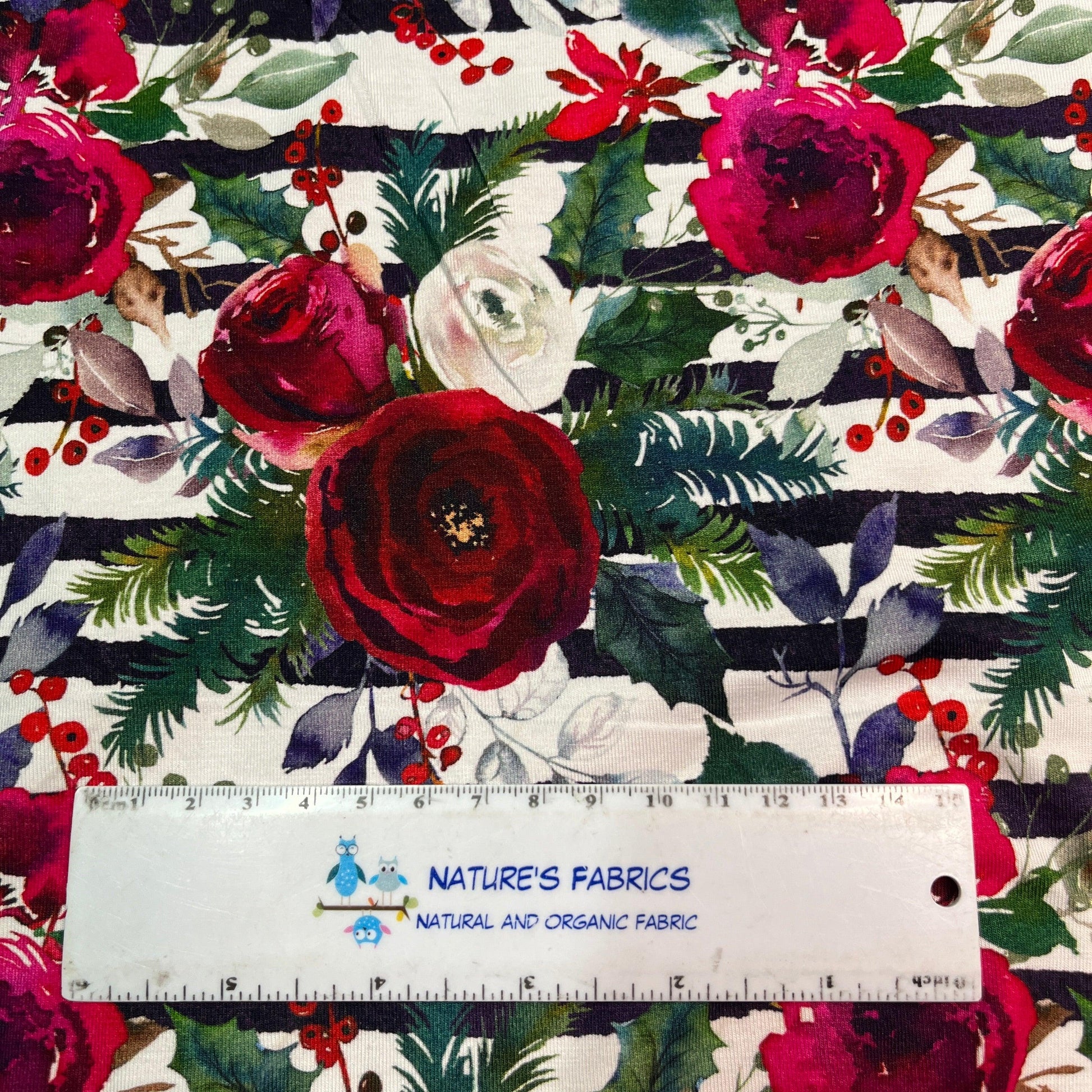 Winter Roses on Striped Bamboo/Spandex Jersey Fabric - Nature's Fabrics
