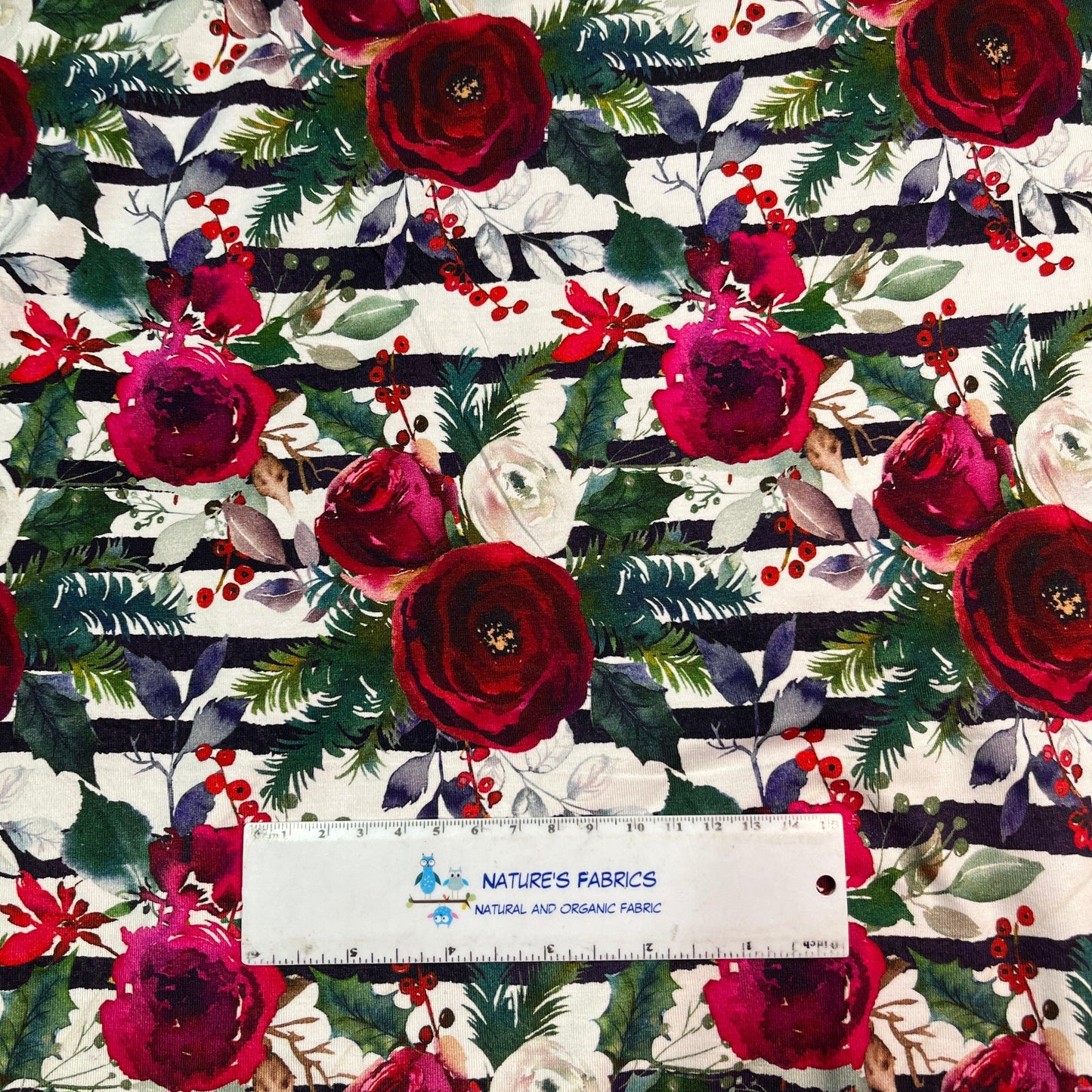 Winter Roses on Striped Bamboo/Spandex Jersey Fabric - Nature's Fabrics