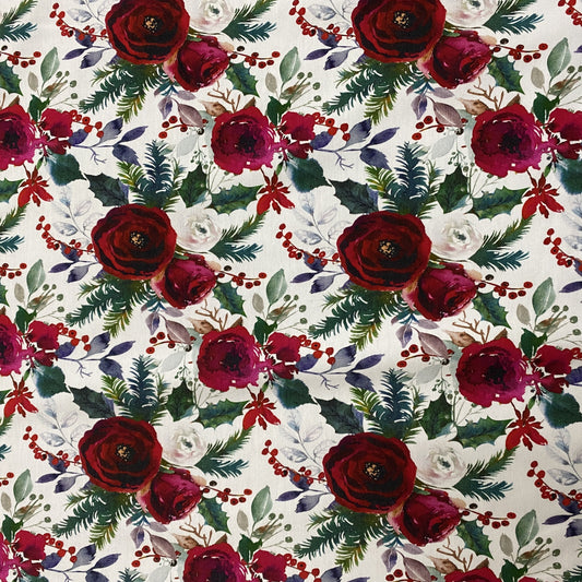 Winter Roses on White Bamboo/Spandex Jersey - Nature's Fabrics