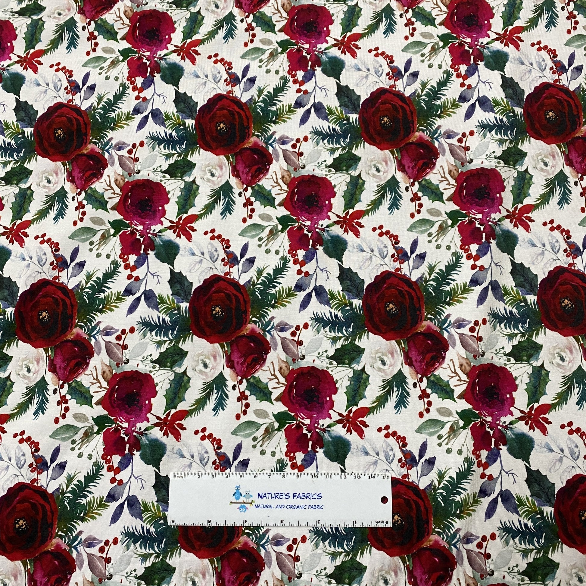 Winter Roses on White Bamboo/Spandex Jersey - Nature's Fabrics