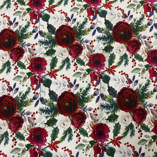 Winter Roses on White Bamboo/Spandex Jersey - Nature's Fabrics