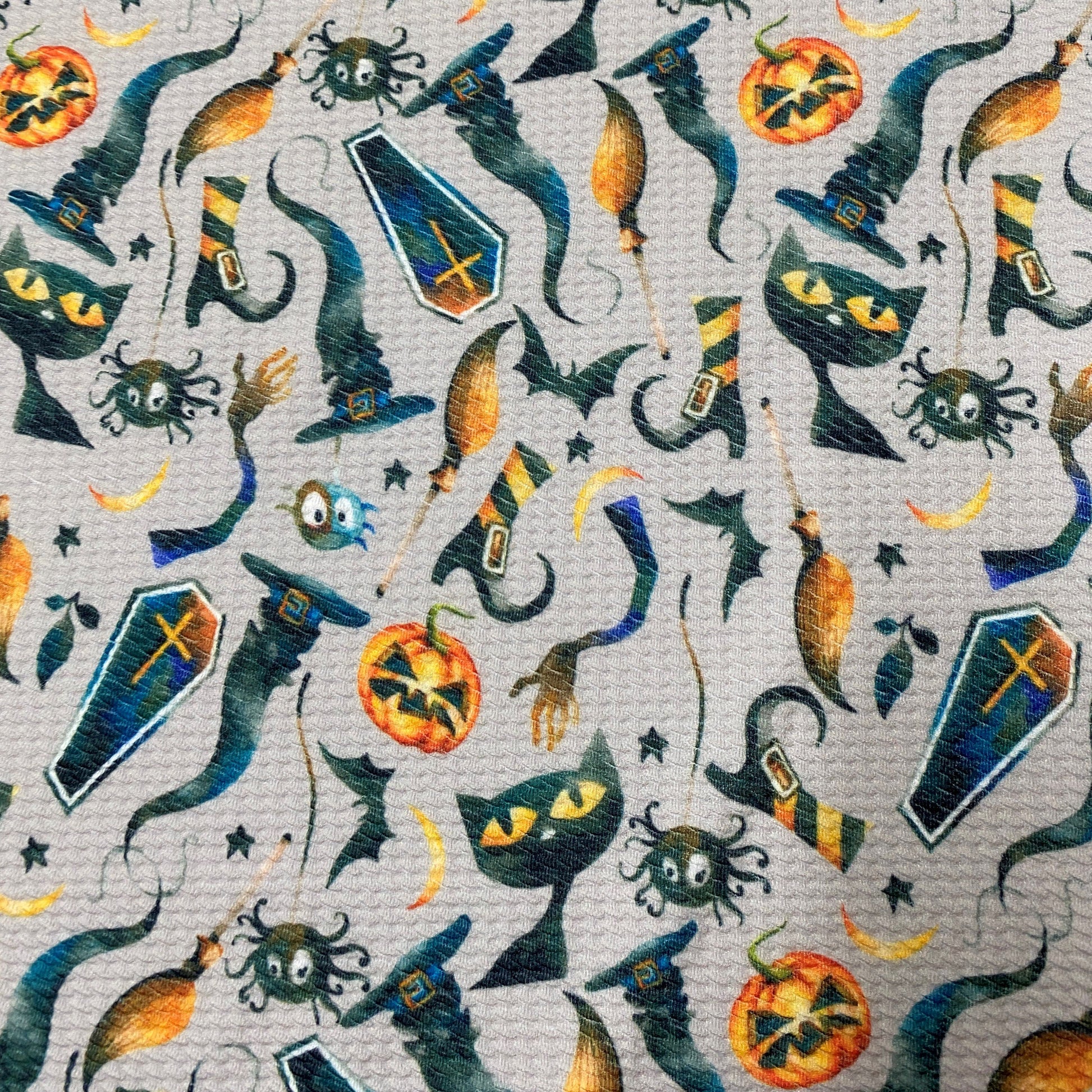 Witch's Fun on Gray Bullet Knit - Nature's Fabrics