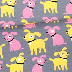 Yellow and Pink Sesse Dogs on Gray Organic Cotton/Spandex Jersey Fabric - Nature's Fabrics
