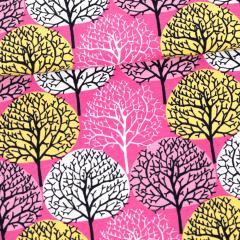 Yellow and Pink Trees on Pink Organic Cotton/Spandex Jersey Fabric - Nature's Fabrics